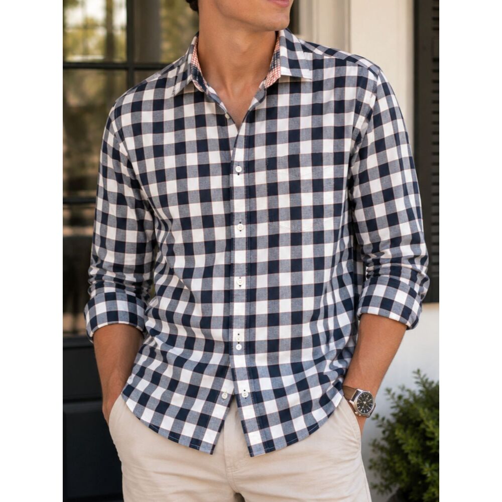 Banana Republic Plaid Button Up Shirt Mens Large Blue White 100% Cotton Casual